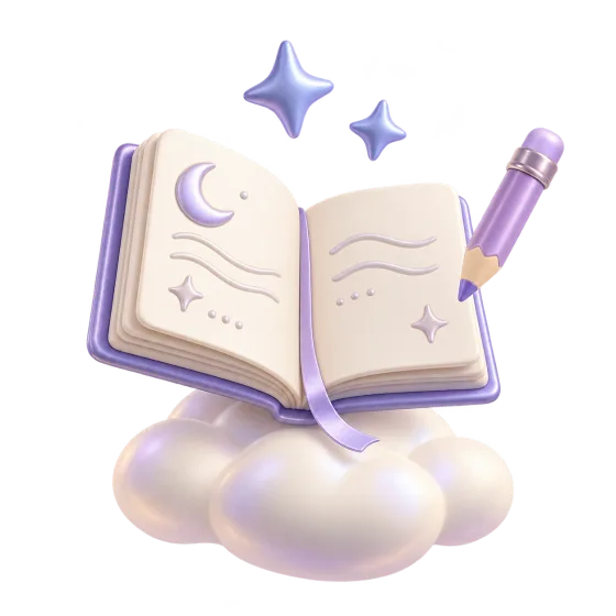 An open dream journal with a lavender pencil